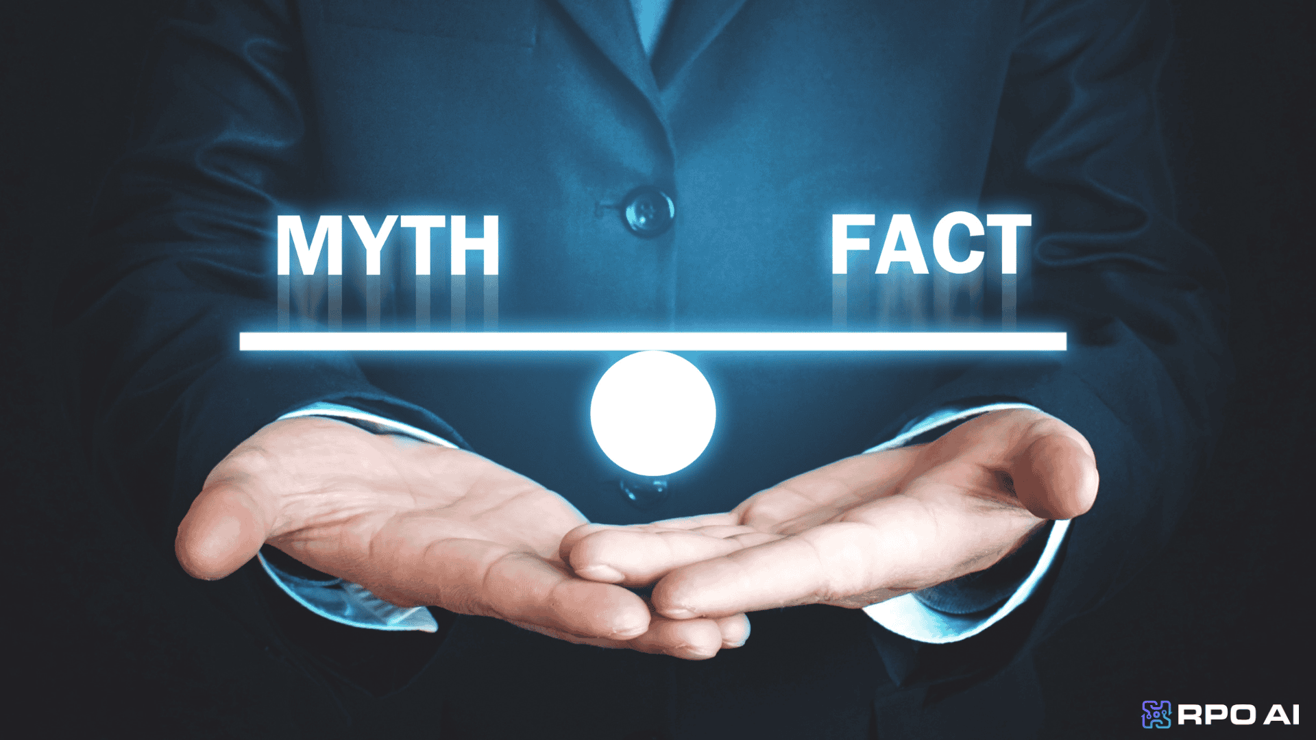 Myth vs fact comparison, digital infographic about truth versus misconception, business professional holding virtual interface, clear visual of myth and fact, modern tech concept for knowledge and information sharing, RPO AI branding.