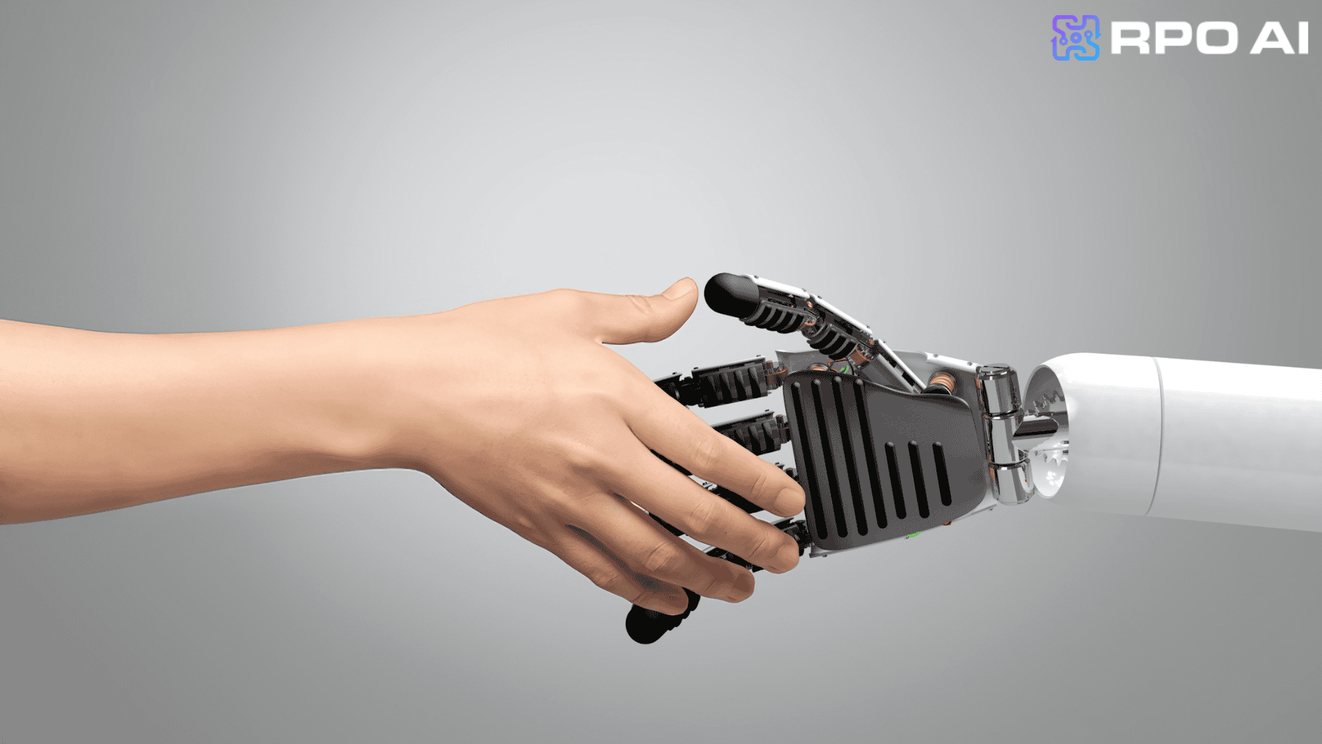 Human hand shaking hands with a robotic hand, AI and robotics collaboration, futuristic technology, human-robot interaction, innovation in AI and robotics, artificial intelligence integration, human and machine partnership, RPO AI concept.