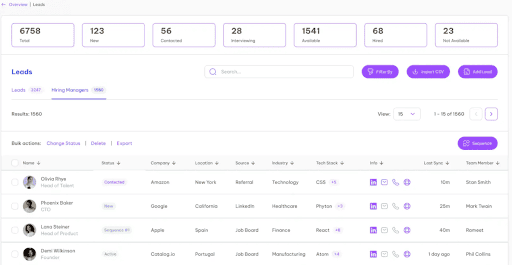 AI-driven recruitment platform interface showcasing lead data management features, emphasizing efficiency in applicant tracking, data filtering, and integration with various job portals.