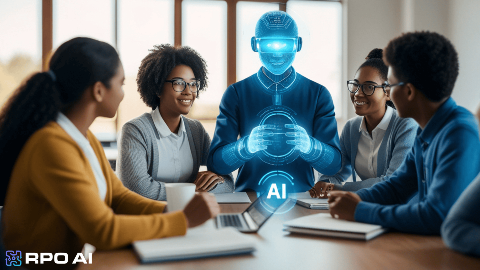 Powered robot engaging with diverse team in a modern office setting, representing innovative recruitment solutions.