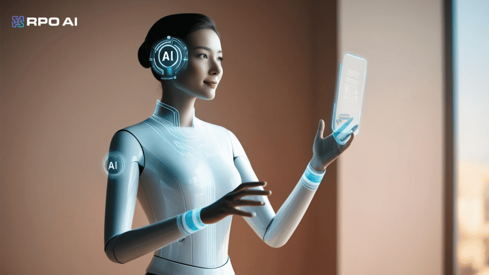 Powered robotic woman using a smartphone, representing advanced AI technology and automation solutions by RPO AI.