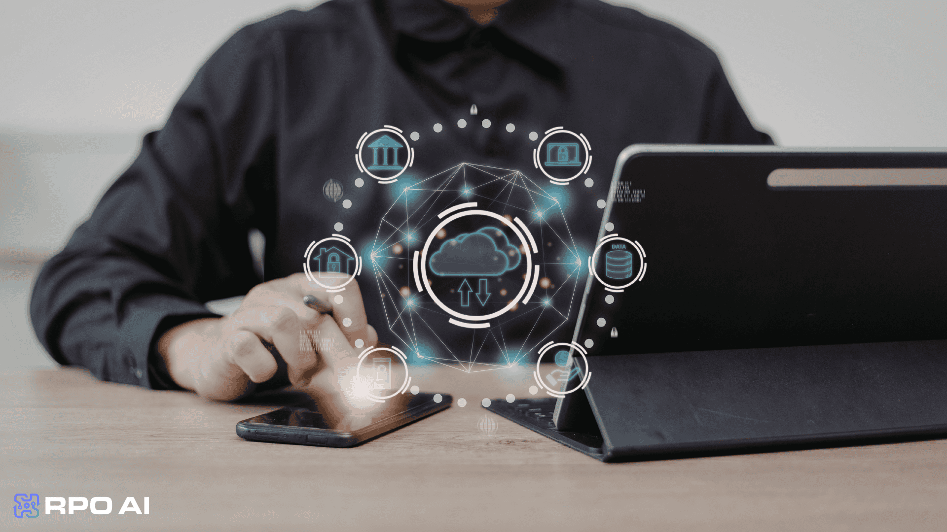 AI cloud computing and data analysis interface with digital icons representing AI, cloud storage, and data security, showcasing RPO AI's innovative technology solutions.