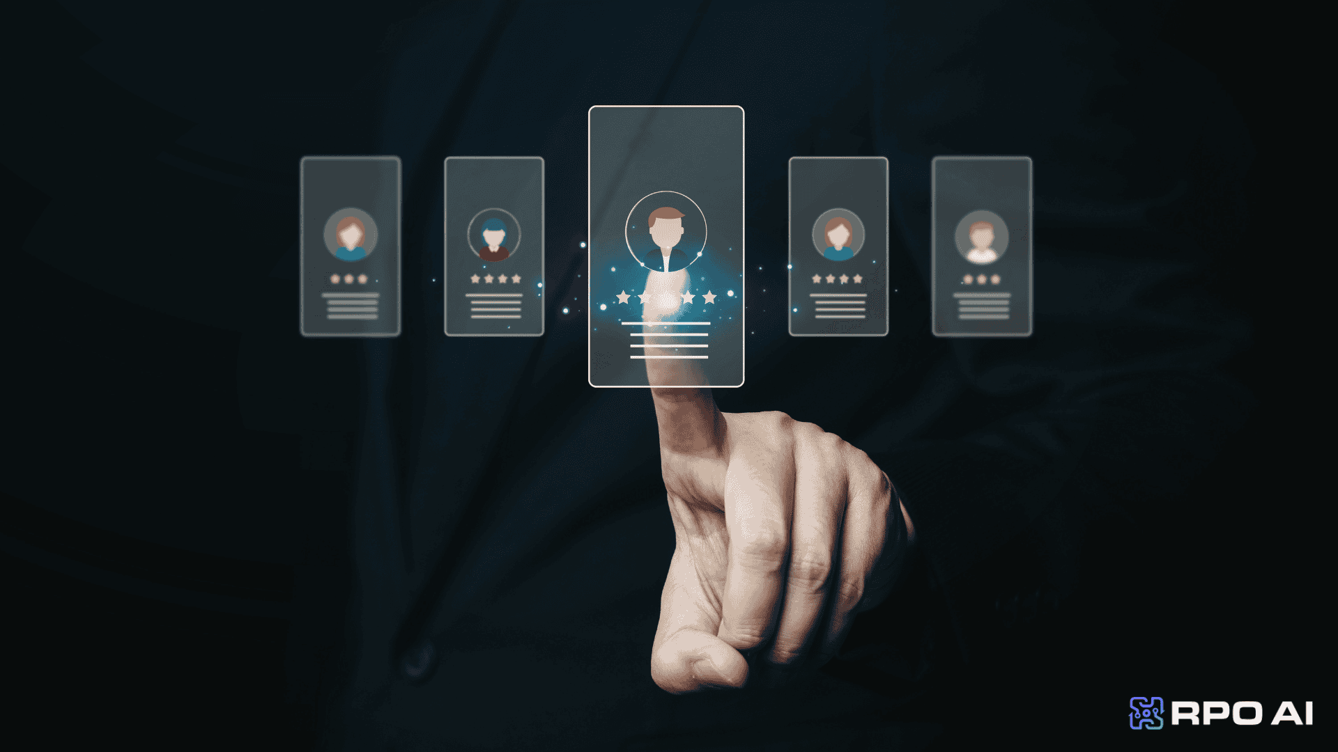 AI-powered recruitment platform interface with digital profiles and selection process, emphasizing automation and data-driven hiring solutions for businesses.
