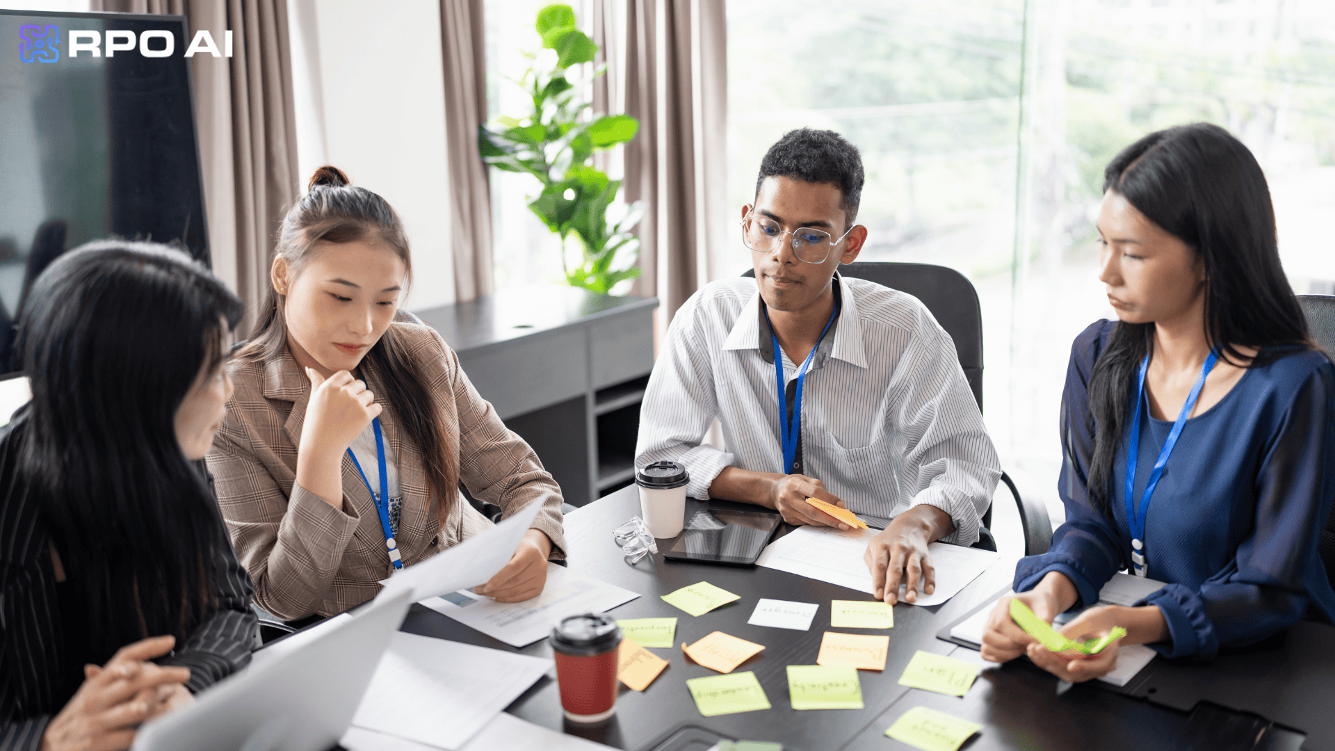 An SEO-friendly ALT tag: Diverse team of professionals collaborating in a modern office, utilizing RPO AI solutions for recruitment and talent acquisition.