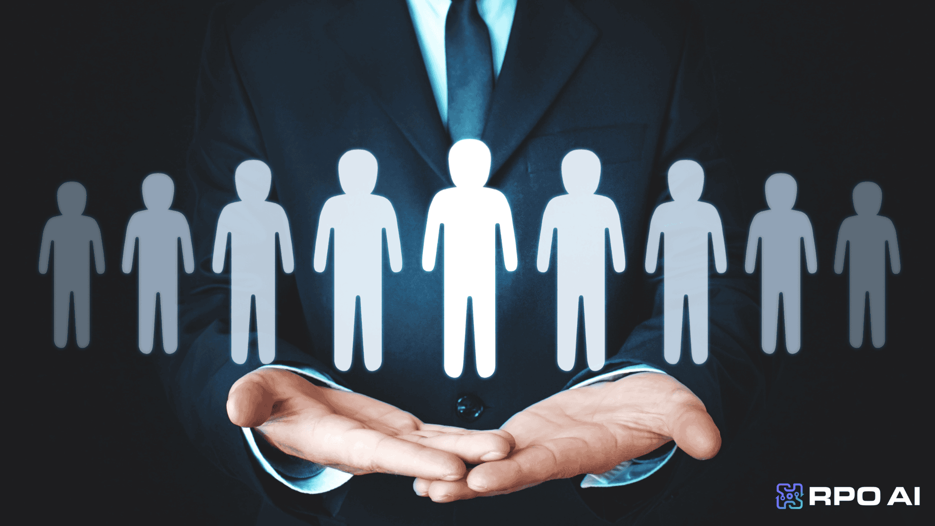 Efficient recruitment process outsourcing (RPO) solutions with AI technology, showcasing a professional in a suit holding a digital representation of diverse candidates for optimized talent acquisitio.