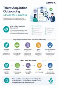RPO AI Talent Acquisition Outsourcing infographic highlighting key areas, benefits, and workflow for scalable hiring solutions.