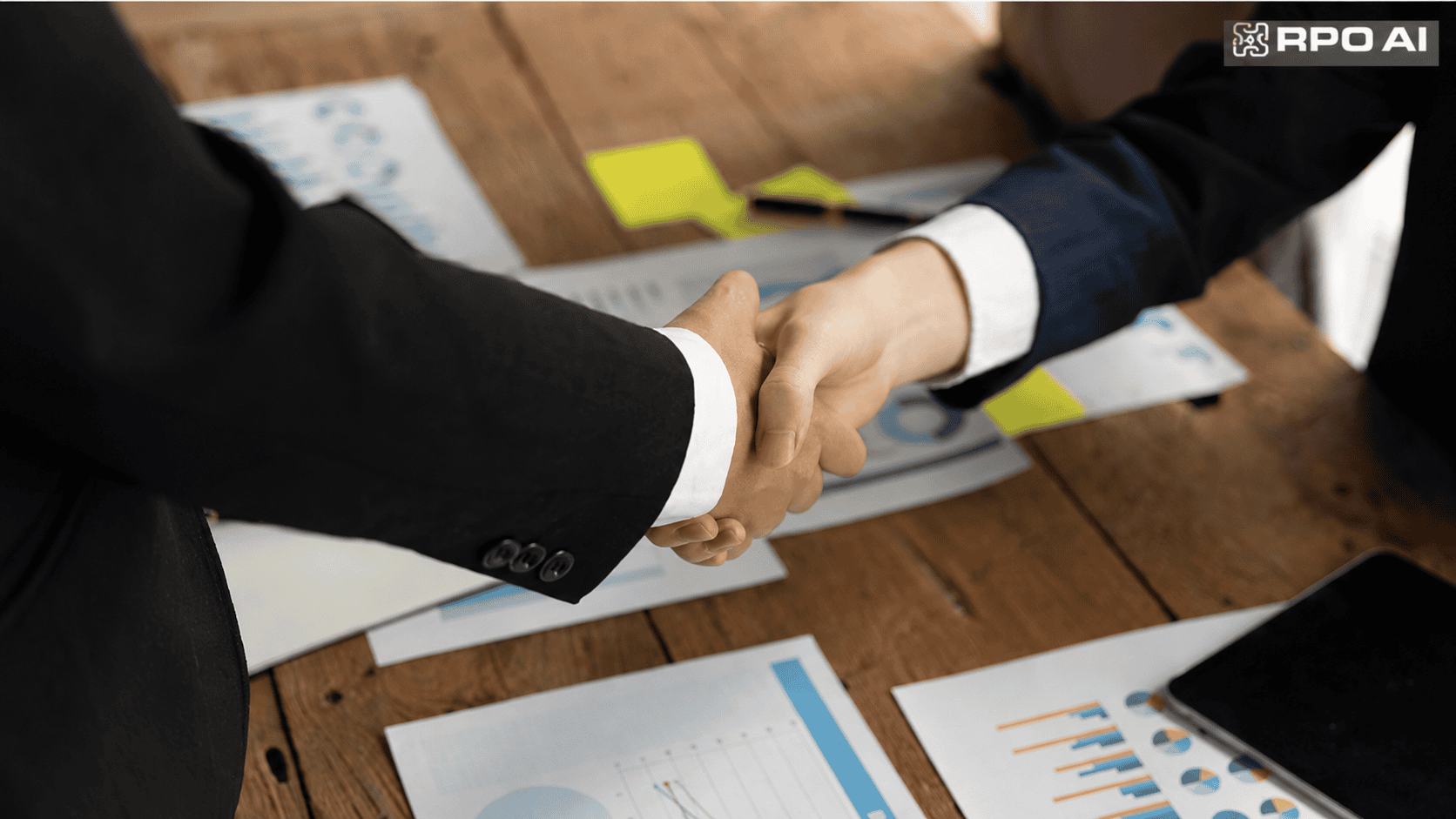 Business professionals shaking hands over a wooden table with documents and a tablet, symbolizing partnership and collaboration in a corporate setting.