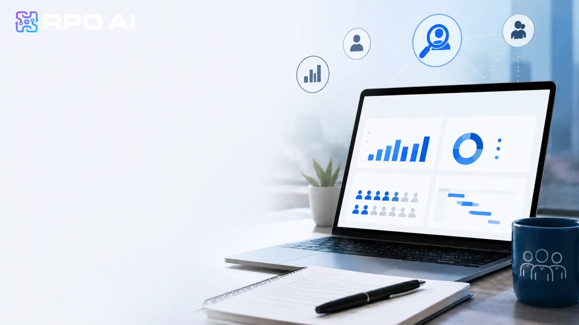 RPO AI platform displaying analytics and data visualization on a laptop screen, emphasizing recruitment process optimization and AI-driven insights.