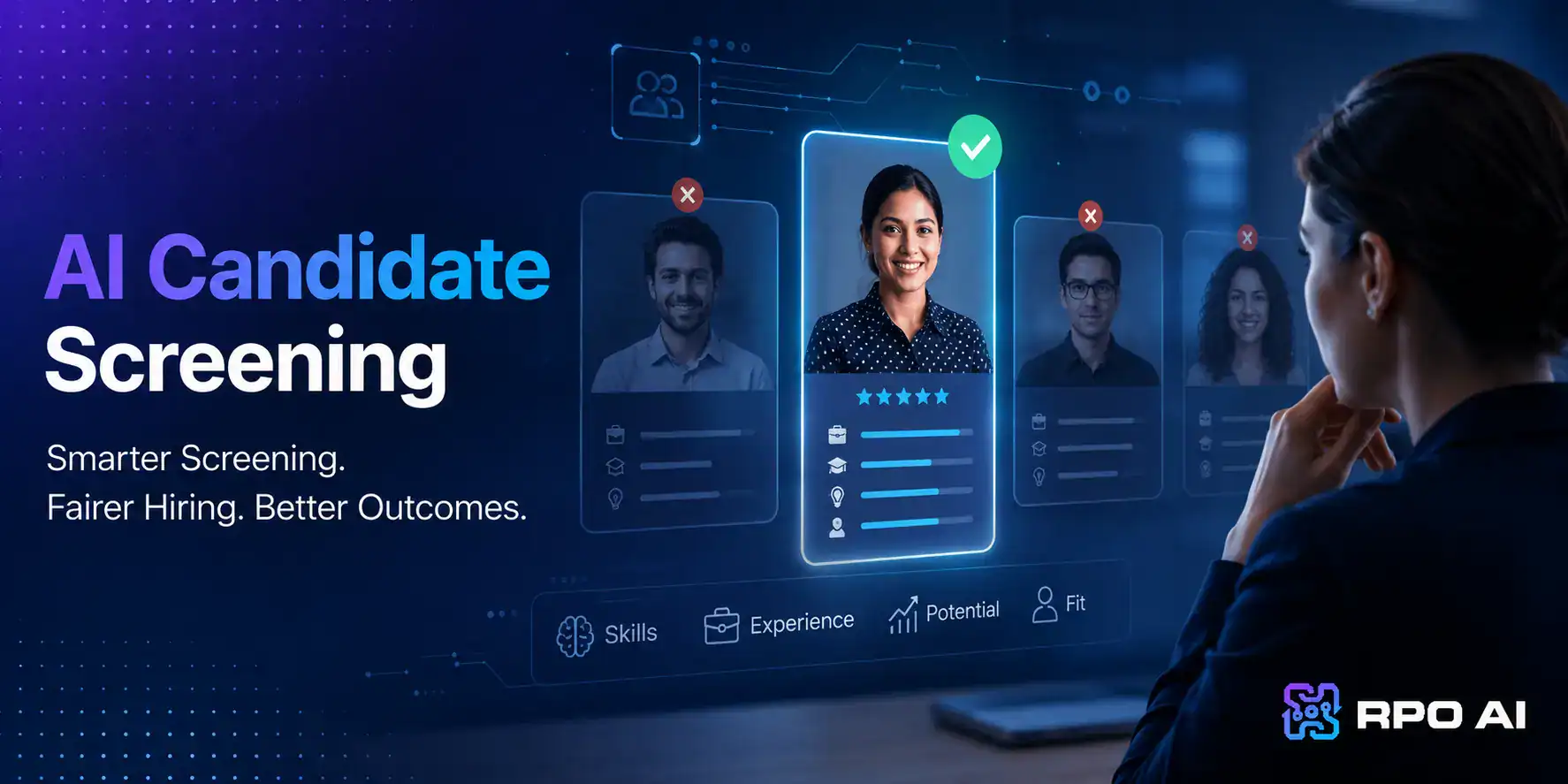 AI candidate screening interface showing diverse profiles and skill assessments for smarter hiring decisions.