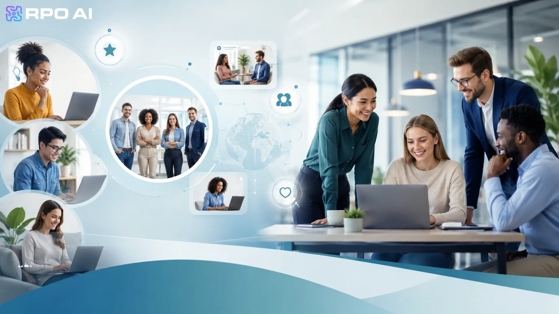 Diverse team collaborating in a modern office with digital communication icons, representing RPO AI's innovative recruitment solutions.